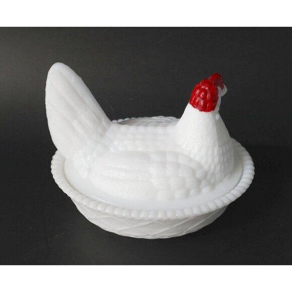 Vintage Milk Glass Chicken on Nest Hen Candy Dish Hen on Nest Farmhouse Style - Picture 4 of 6